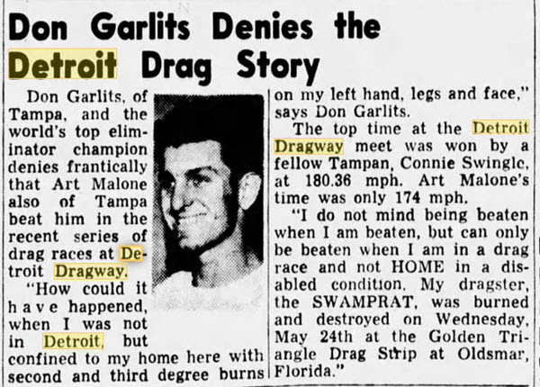 garlitz denies being beaten by art malone June 1961 Detroit Dragway, Brownstown Twp